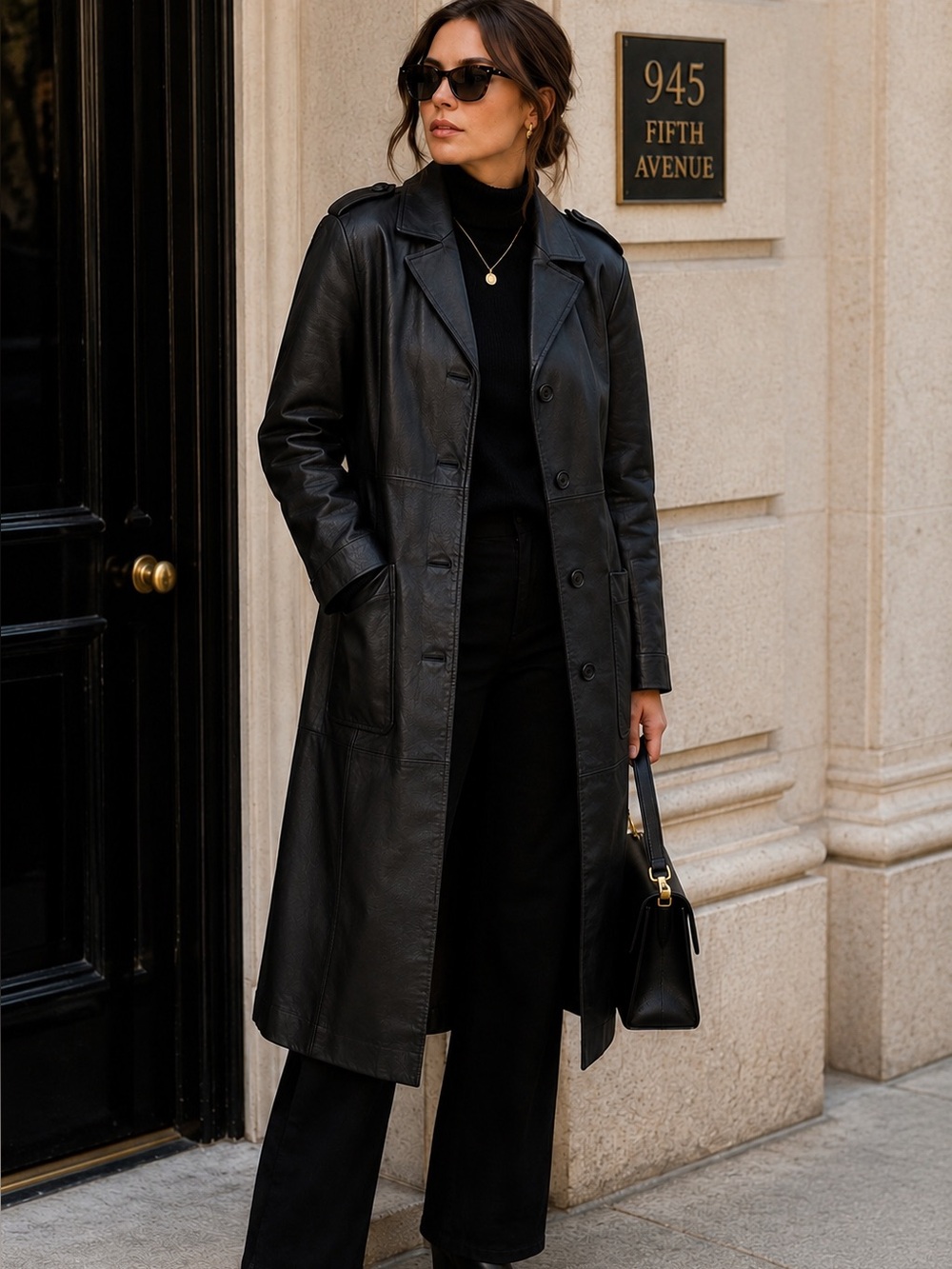 Vintage Newport News Genuine Leather Black Duster Trench Coat Size 6